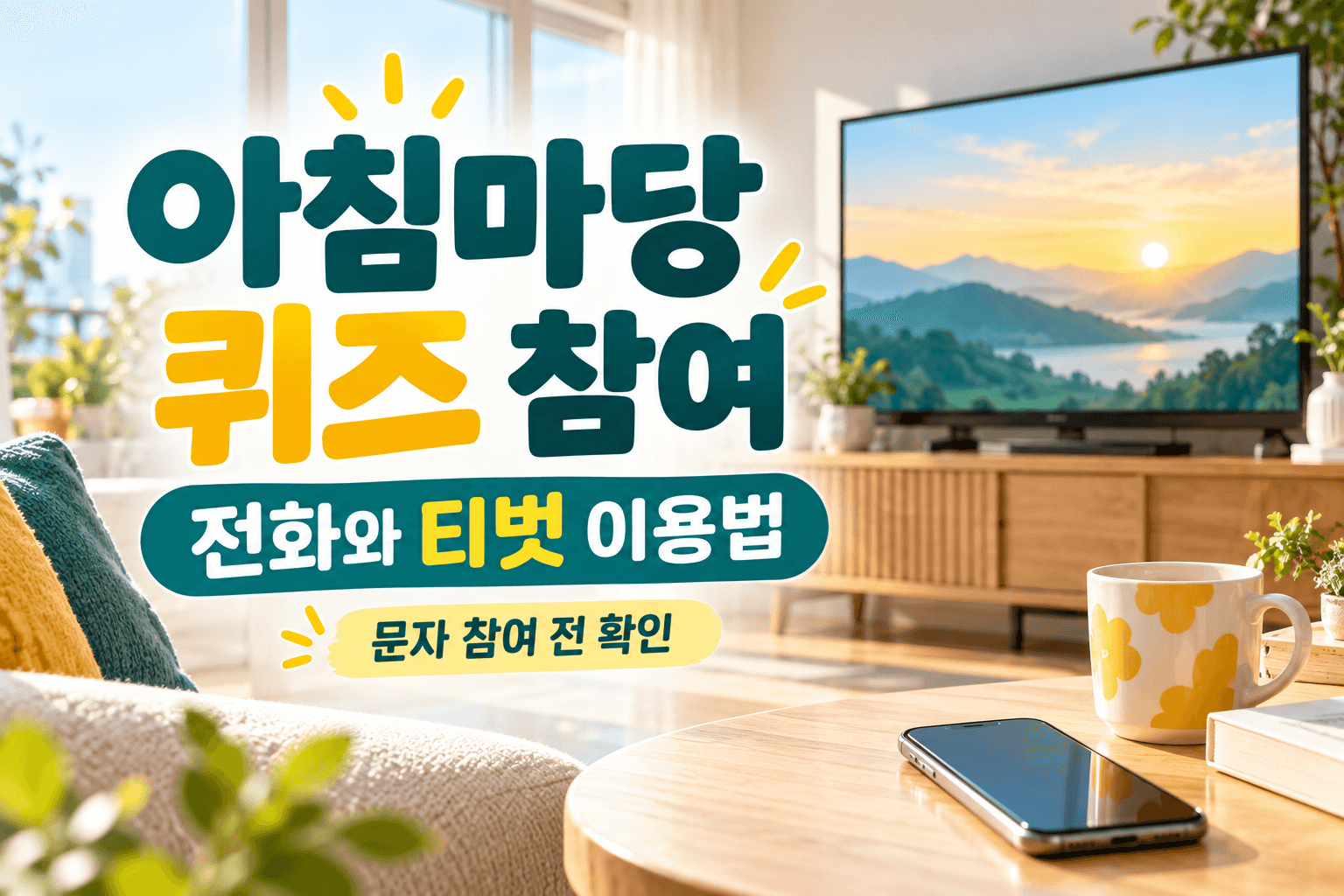 아침마당 퀴즈 참여와 전화 및 티벗 이용법을 안내하는 TV와 스마트폰의 AI 제작 개념 이미지