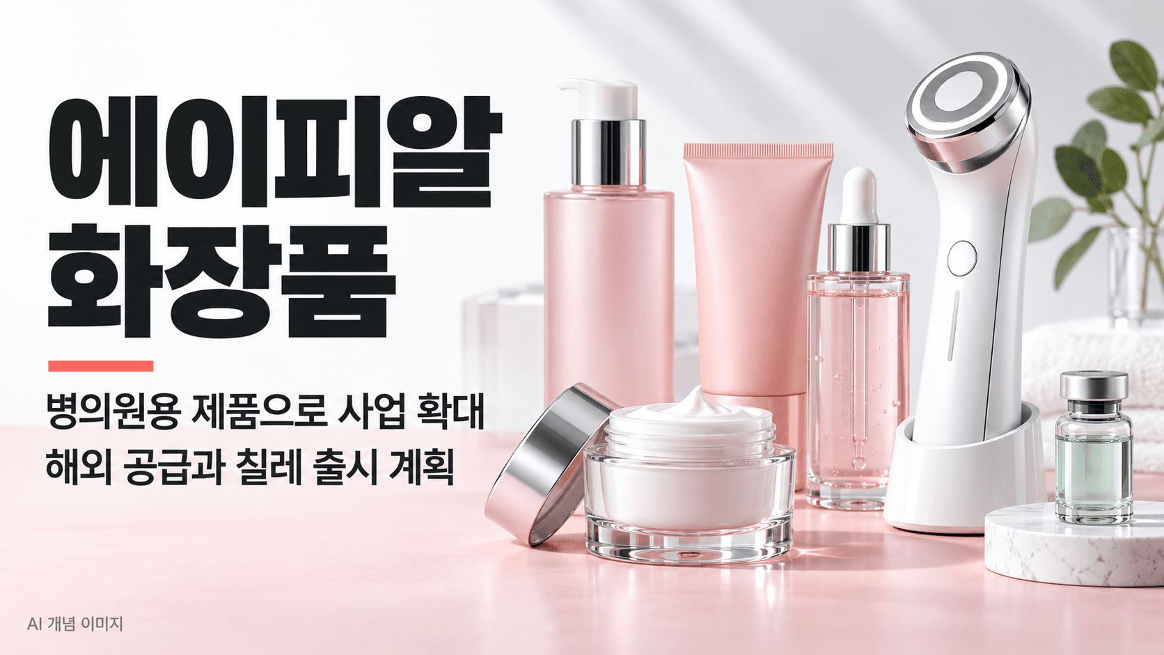 에이피알 화장품과 병의원용 제품 사업 확대를 설명하는 제목 및 가상의 화장품과 홈뷰티 기기를 배치한 AI 생성 개념 일러스트