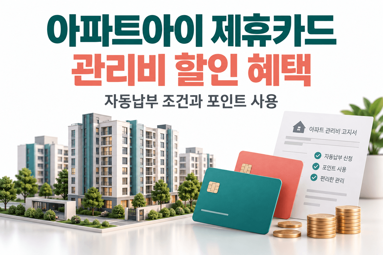 아파트와 결제 카드 및 관리비 고지서로 표현한 아파트아이 제휴카드 혜택 안내 AI 생성 일러스트