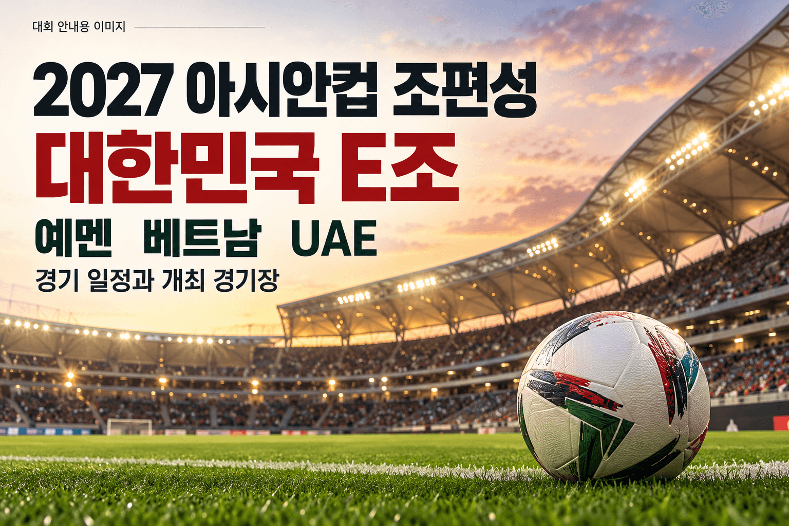 2027 아시안컵 대한민국 E조와 예멘 베트남 UAE를 축구공과 경기장으로 표현한 AI 생성 이미지로 실제 개최 경기장 사진이 아닙니다