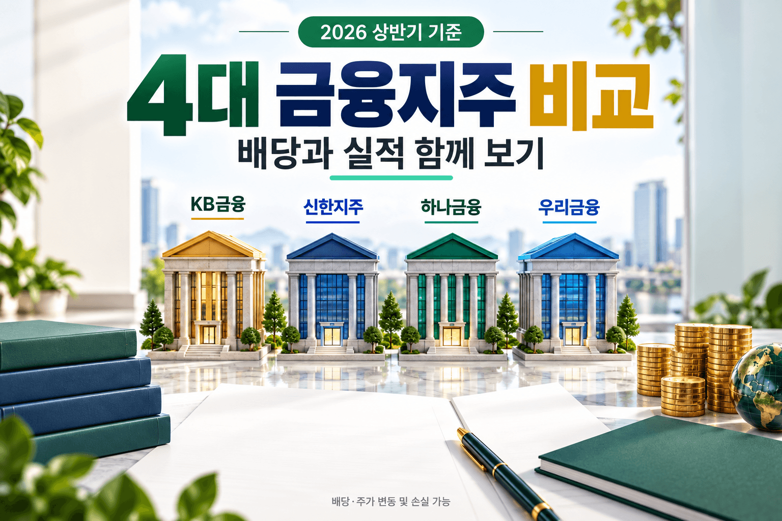 4대 금융지주의 배당과 실적 비교를 은행 모형으로 표현한 AI 생성 썸네일