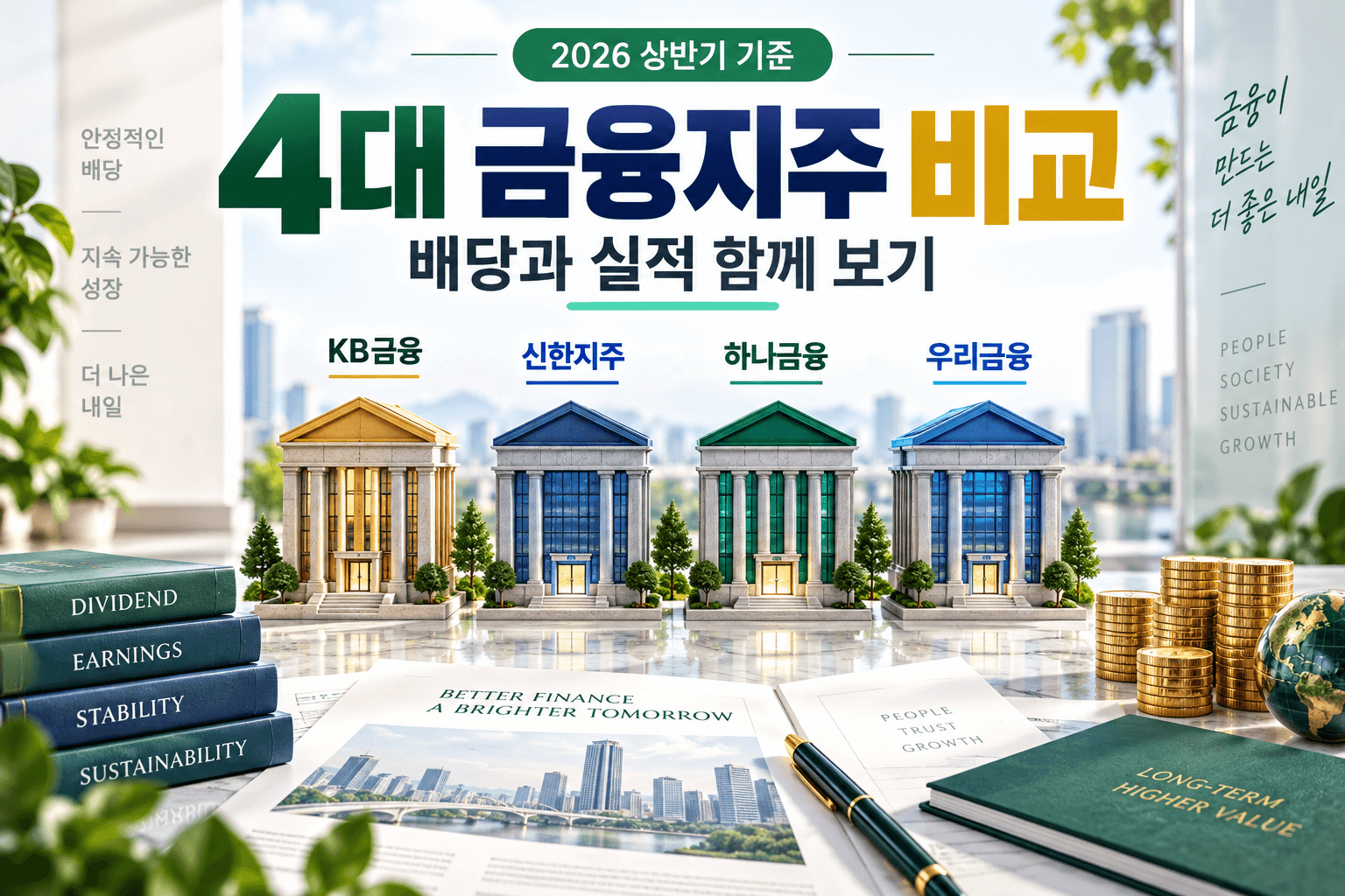 4대 금융지주의 배당과 실적 비교를 은행 모형으로 표현한 AI 생성 썸네일