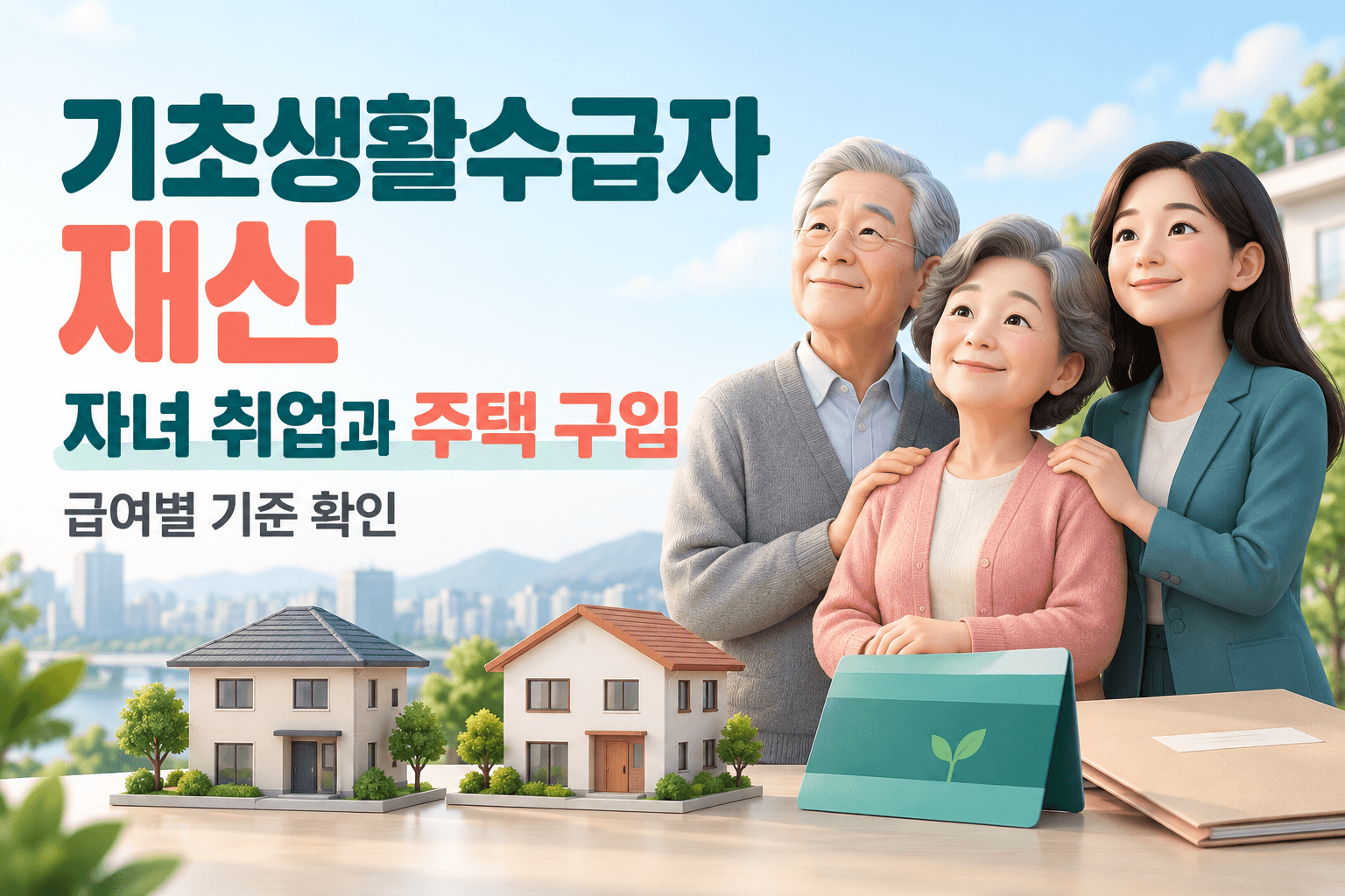 기초생활수급자 재산과 자녀 취업 및 주택 구입 기준을 안내하는 부모와 성인 자녀 AI 생성 일러스트