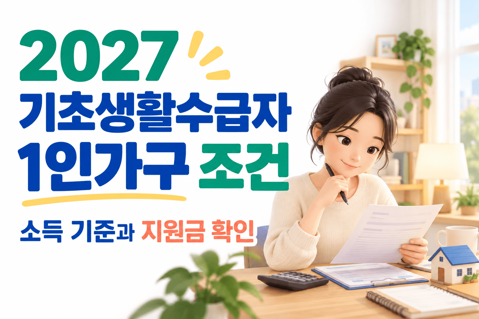 혼자 사는 성인이 서류와 계산기를 확인하는 2027 기초생활수급자 1인가구 조건 AI 생성 일러스트