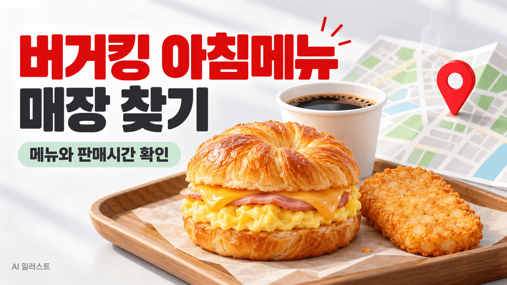 버거킹 아침메뉴 매장 찾기 제목과 크루아상 샌드위치 및 지도 핀을 표현한 AI 일러스트로 실제 제품 사진이 아닙니다