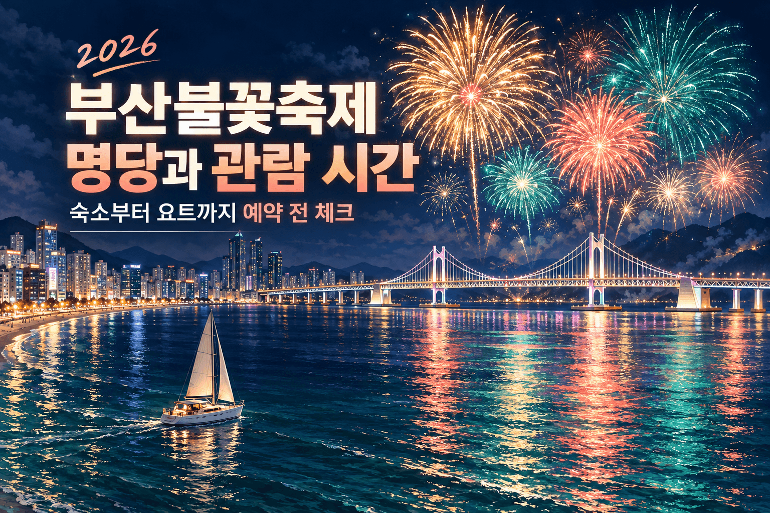 광안대교와 불꽃 및 요트로 부산불꽃축제 관람을 표현한 AI 제작 개념 이미지이며 실제 행사 사진이나 허용 관람 위치 안내가 아닙니다
