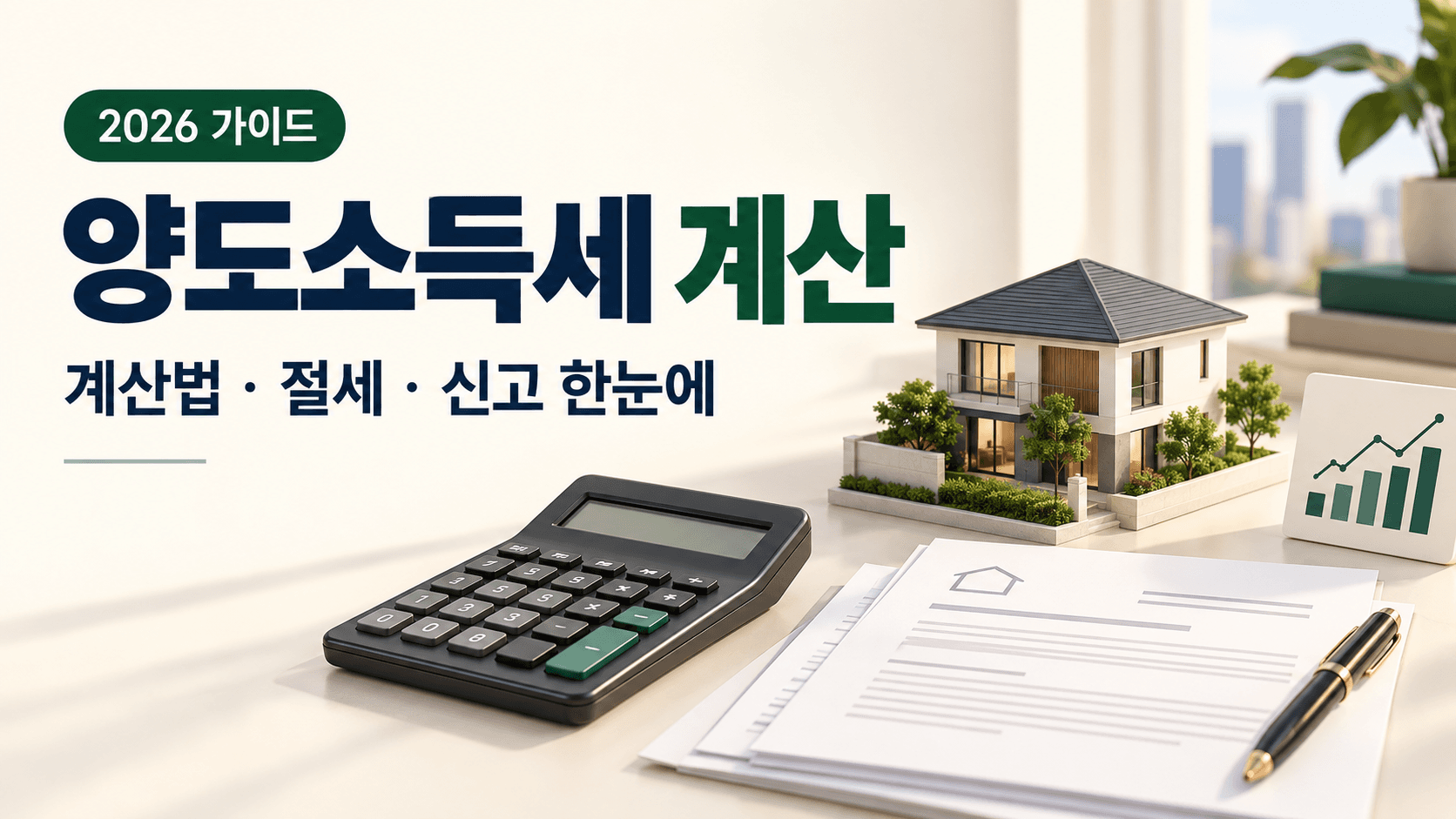 양도소득세 계산, 계산법·절세·신고 한눈에 제목과 주택 모형·계산기·계약서·주식 차트를 담은 썸네일