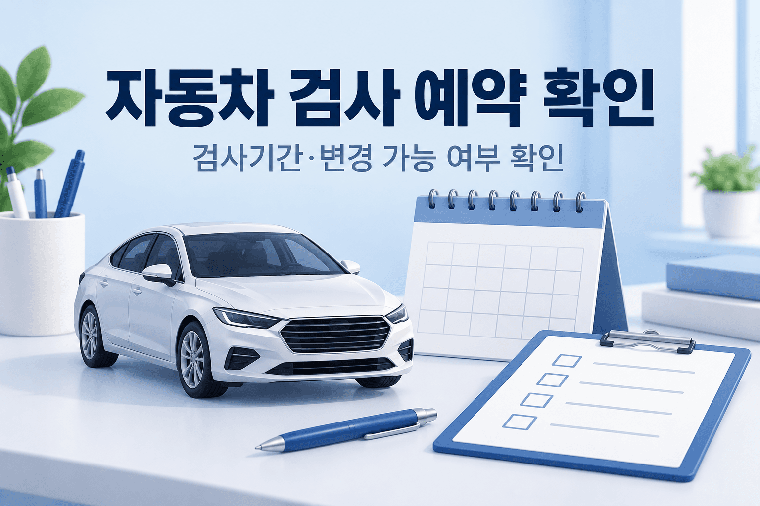 자동차와 달력으로 검사기간 및 예약 변경 가능 여부 확인을 안내하는 AI 생성 일러스트