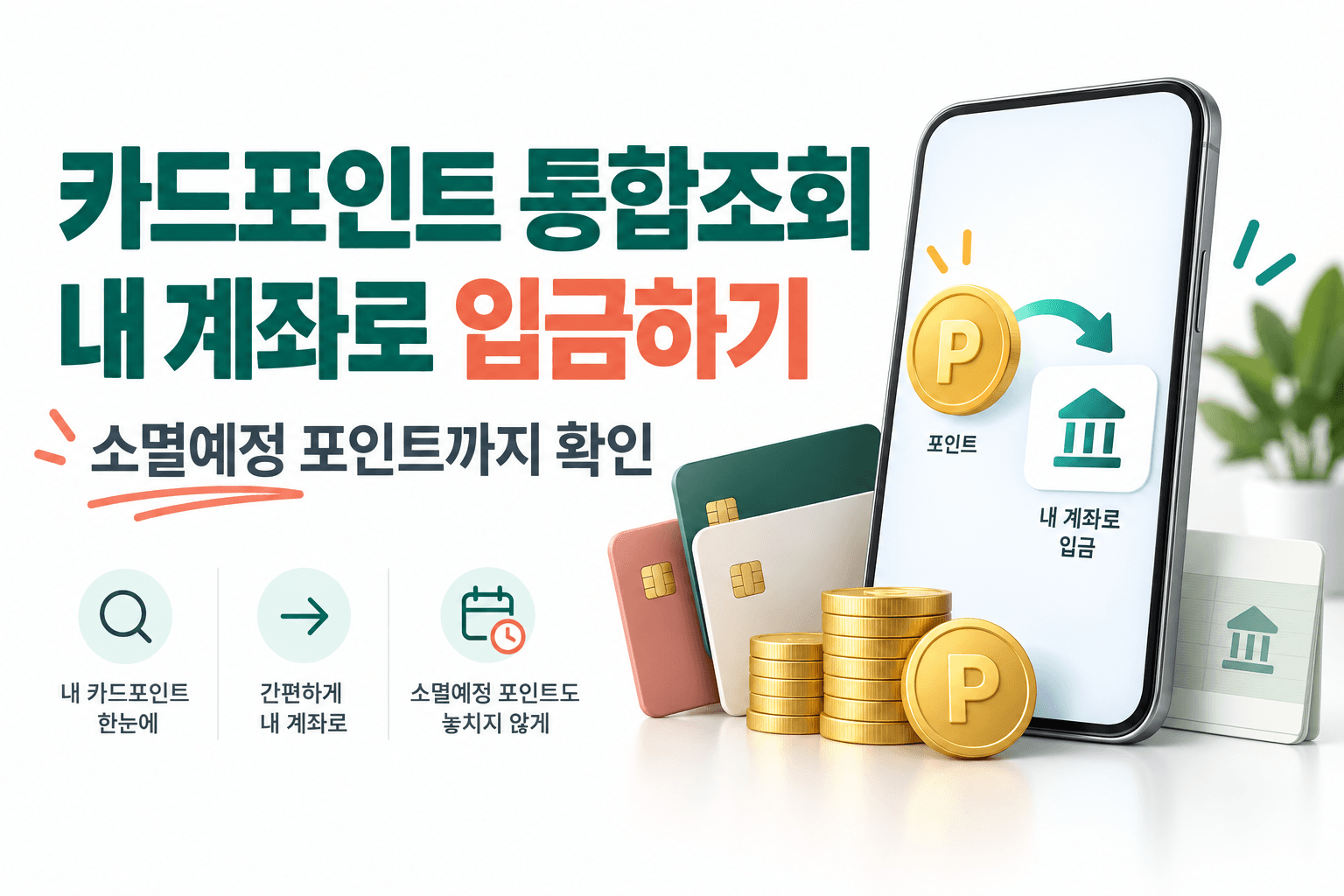 카드포인트 조회와 계좌입금을 표현한 스마트폰 및 카드 콘셉트 AI 생성 썸네일