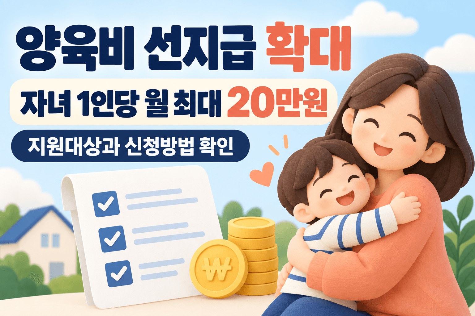 양육비 선지급 확대 자녀 1인당 월 최대 20만원 지원대상과 신청방법을 안내하는 부모와 자녀 일러스트