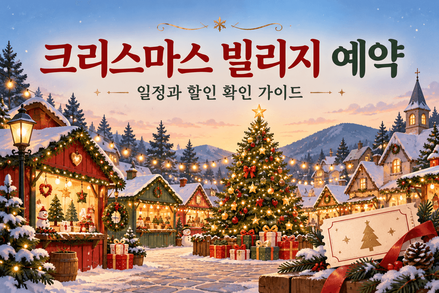 크리스마스 트리와 작은 마을을 표현한 AI 제작 개념 이미지로 더현대 서울이나 부산 행사의 실제 사진이 아닙니다
