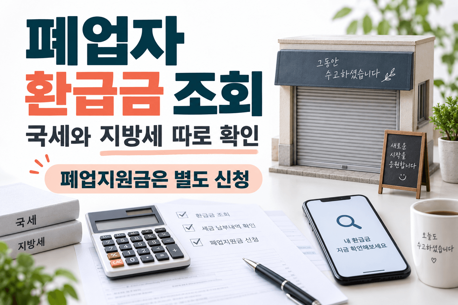 폐업 후 국세와 지방세 환급 조회 및 별도 지원사업 신청을 설명하는 AI 생성 썸네일