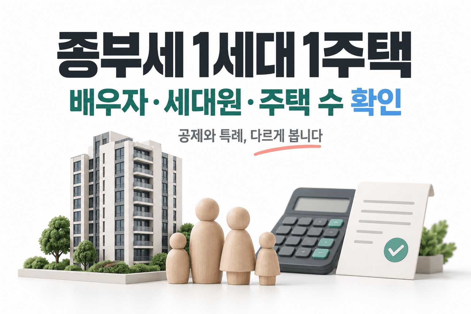 종부세 1세대 1주택의 배우자·세대원·주택 수 기준을 표현한 아파트와 가족 모형, 계산기의 AI 생성 일러스트
