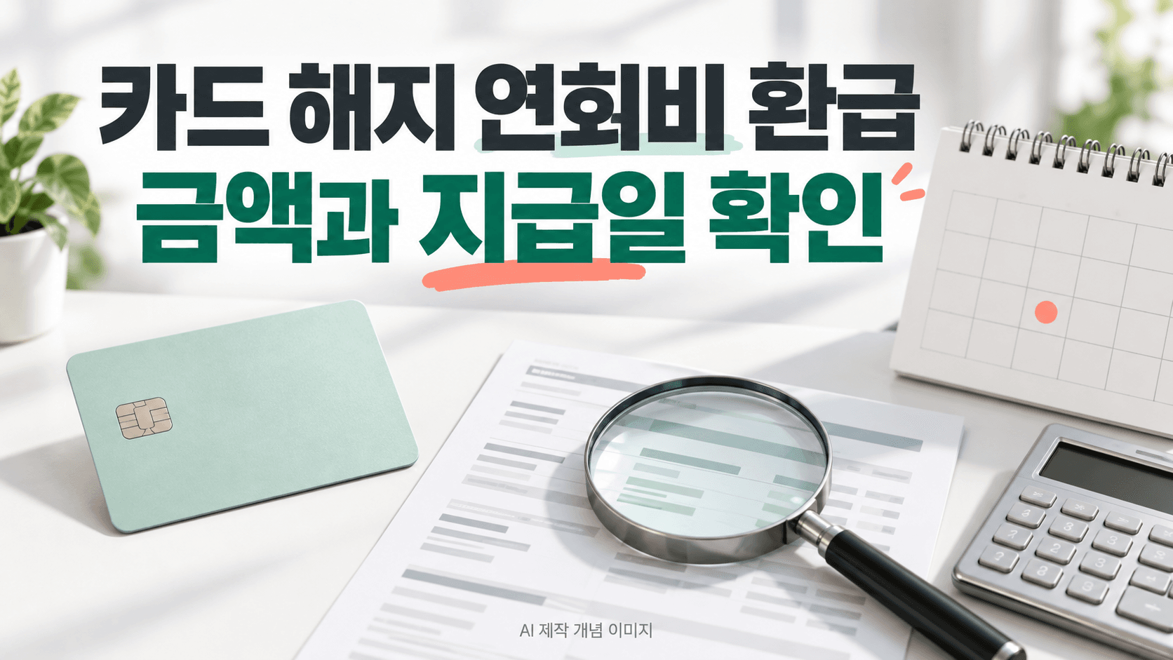 카드와 달력 및 연회비 확인 서류를 표현한 AI 제작 개념 이미지이며 실제 카드사 화면이 아님