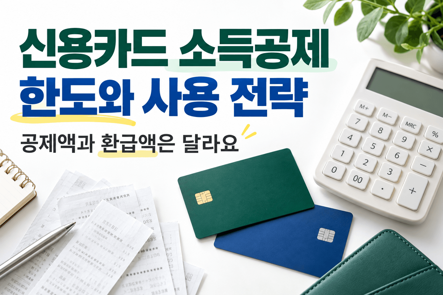 신용카드 소득공제 한도와 사용 전략을 카드와 계산기로 표현한 AI 제작 개념 이미지