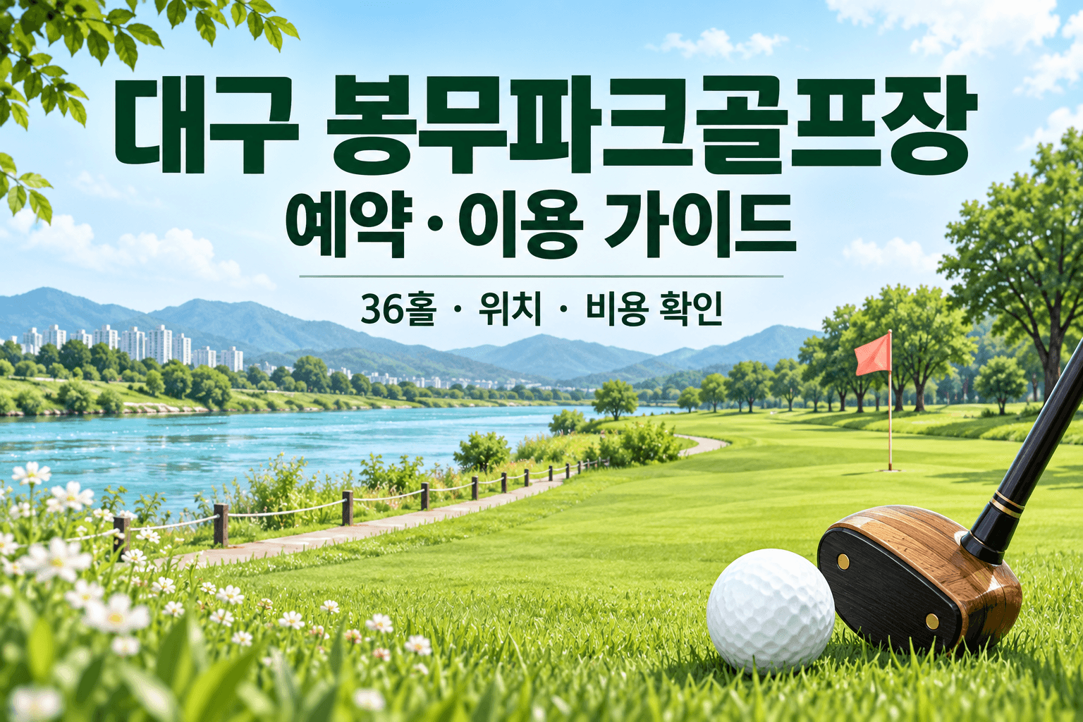 대구 봉무파크골프장 예약과 36홀 이용 안내를 담은 AI 생성 강변 일러스트로 실제 시설 사진은 아님