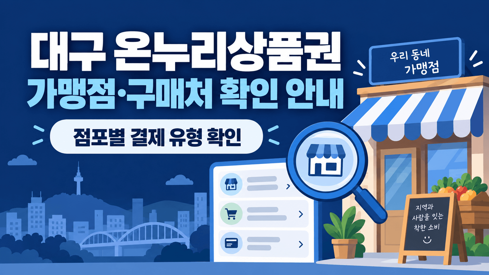 대구 온누리상품권 가맹점·구매처와 점포별 결제 유형 확인을 안내하는 설명 그림