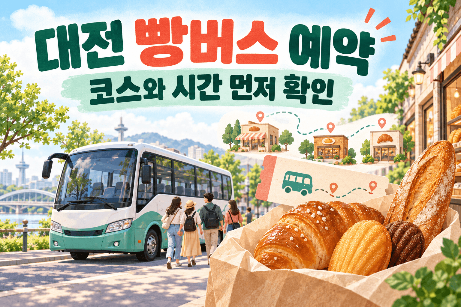 대전 빵버스 예약과 코스 확인을 표현한 AI 제작 개념 이미지로 실제 투어 차량이나 빵집 사진이 아닙니다