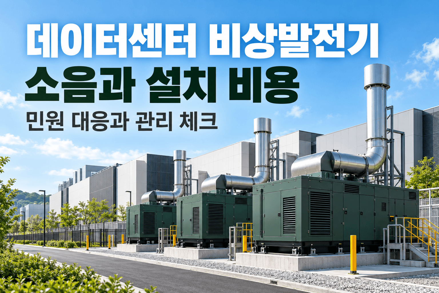 데이터센터 비상발전기의 방음 외함과 배기 설비 및 소음과 설치 비용 문구를 담은 AI 제작 개념 이미지