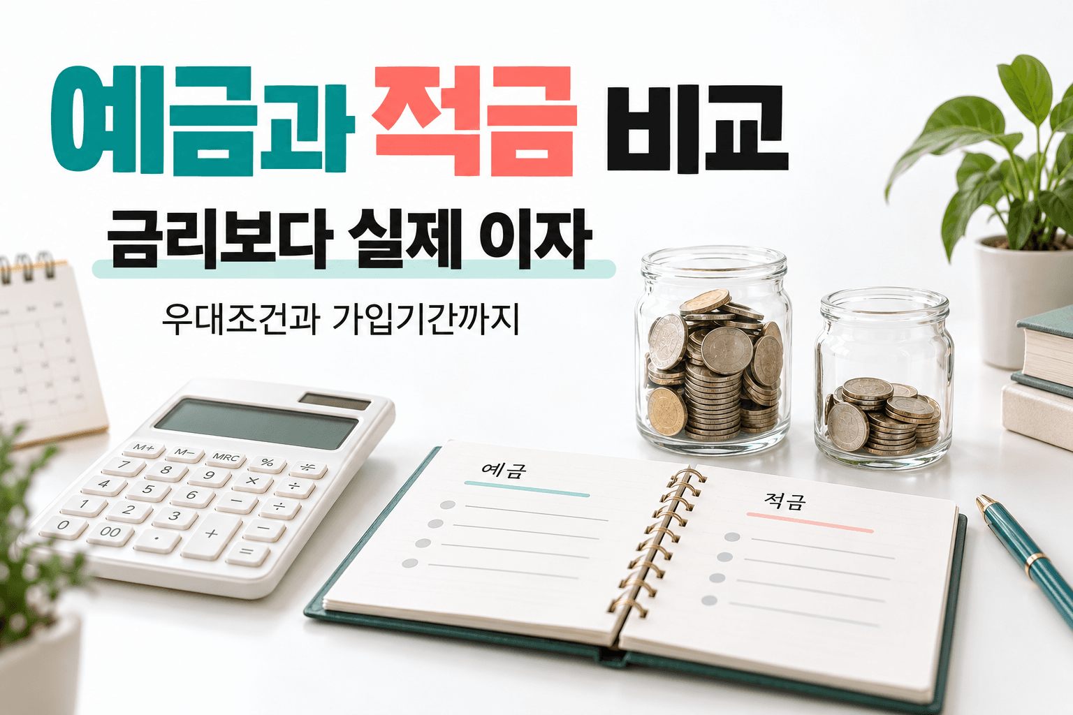 예금과 적금 비교를 계산기와 저축 노트 및 동전으로 표현한 AI 제작 개념 이미지