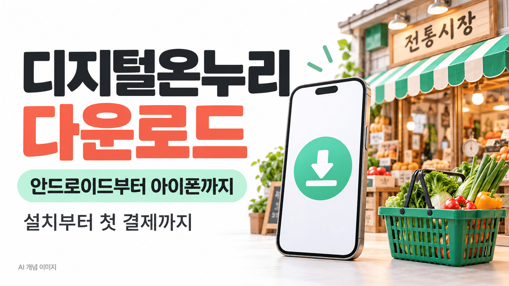 디지털온누리 다운로드 제목과 스마트폰 및 전통시장을 표현한 AI 생성 개념 일러스트