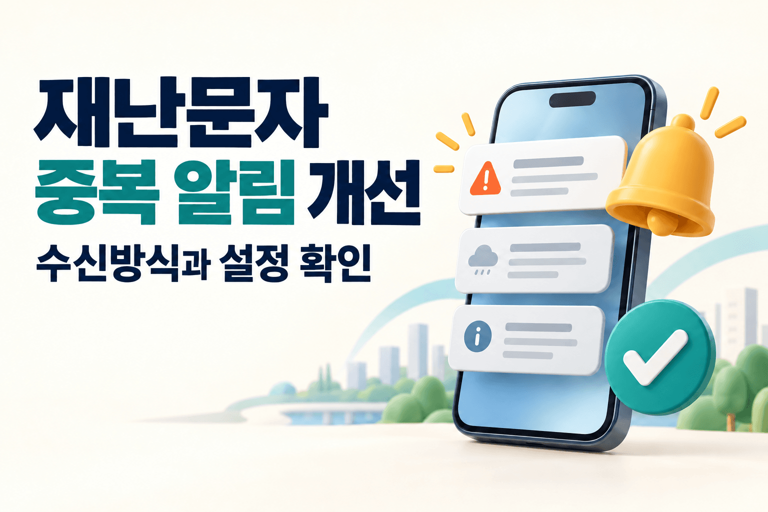 재난문자 중복 알림 개선과 수신 설정을 설명하는 스마트폰 알림과 확인 표시 일러스트