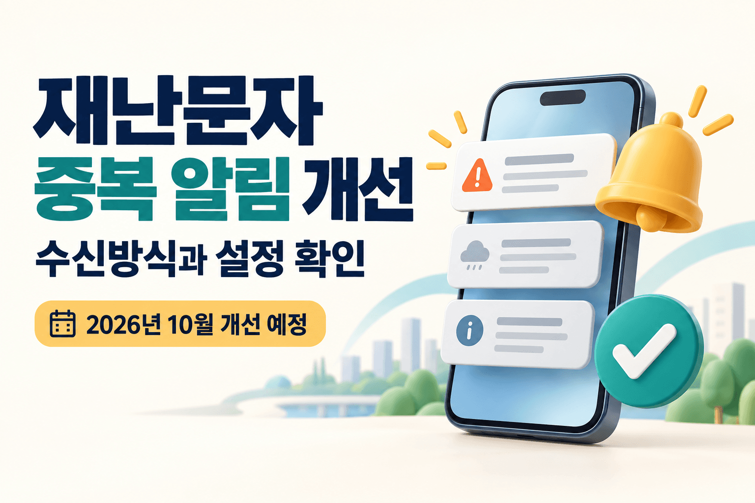 재난문자 중복 알림 개선과 수신 설정을 설명하는 스마트폰 알림과 확인 표시 일러스트