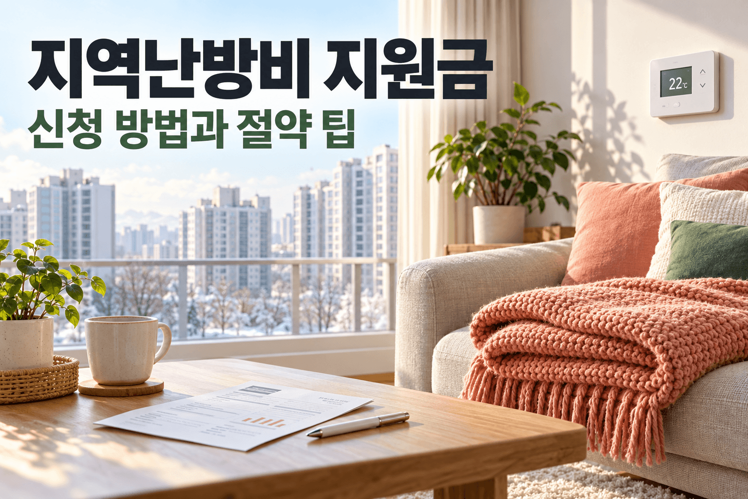 겨울 아파트 거실과 온도조절기로 지역난방비 지원금 신청과 절약을 표현한 AI 제작 개념 이미지이며 공사 공식 홍보물이 아닙니다