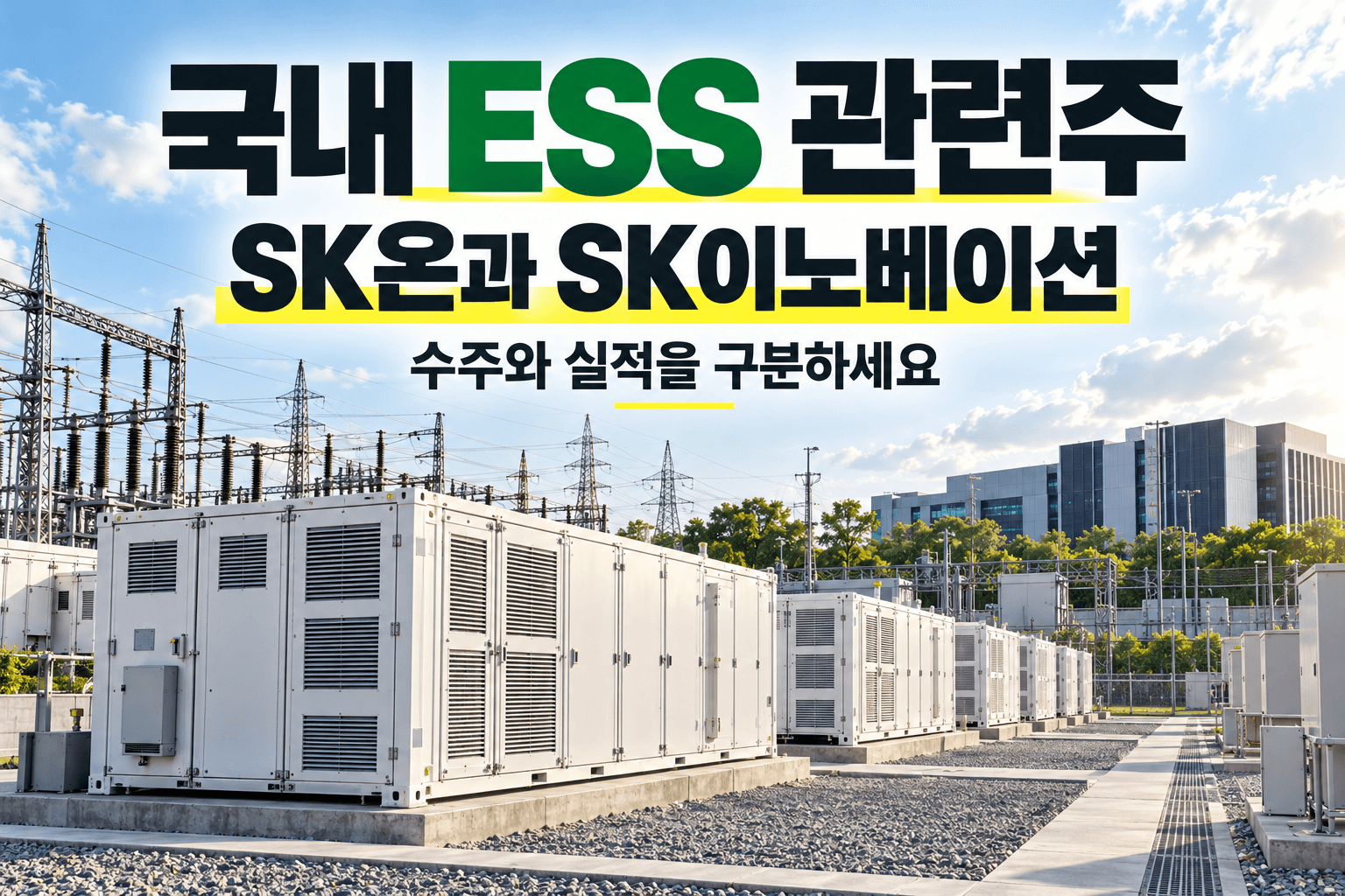 국내 ESS 관련주와 SK온 및 SK이노베이션의 수주와 실적을 설명하는 배터리 저장설비 AI 제작 개념 이미지
