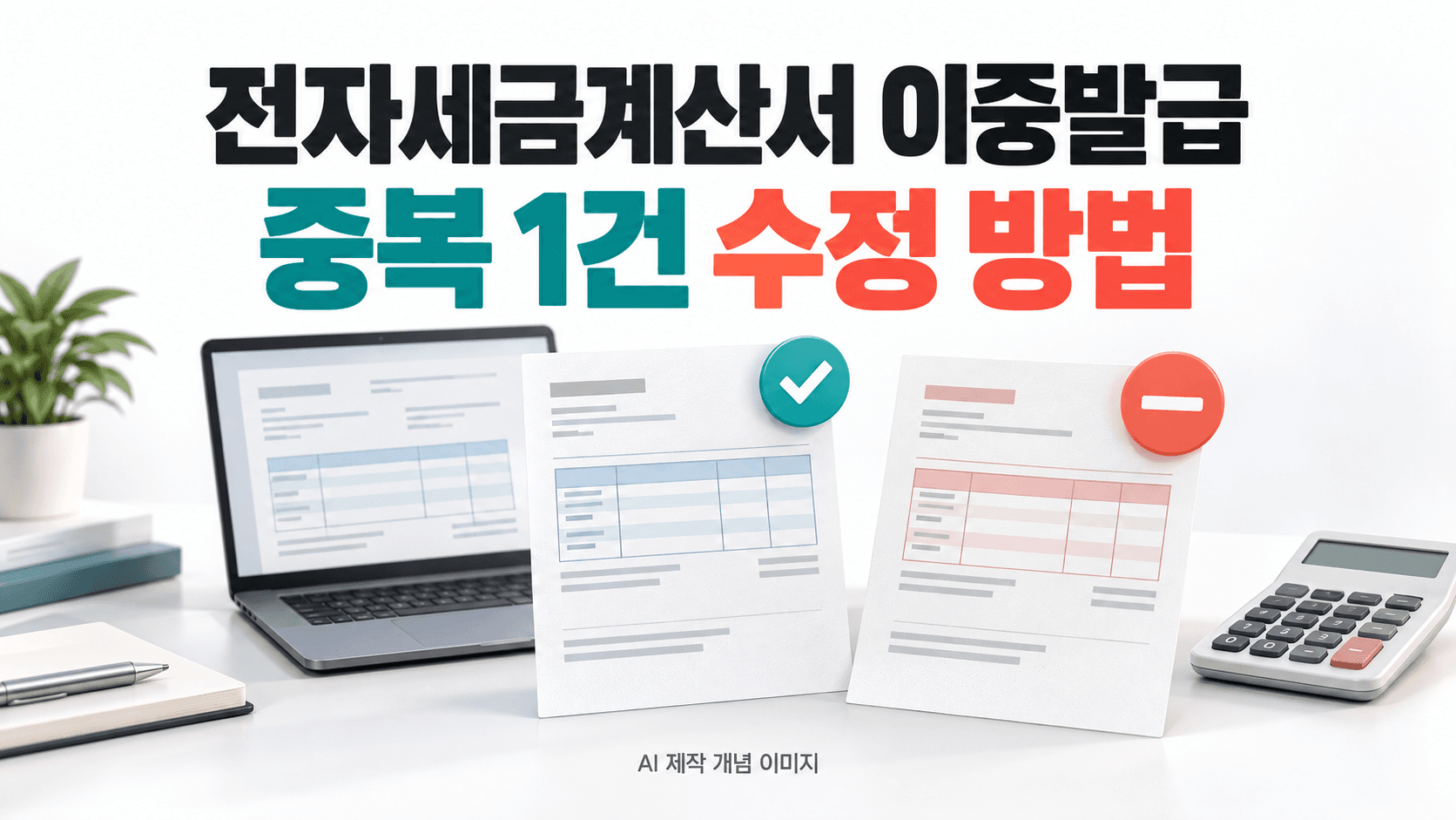 정상 세금계산서와 중복분 음수 수정을 표현한 AI 제작 개념 이미지이며 실제 홈택스 화면이 아님