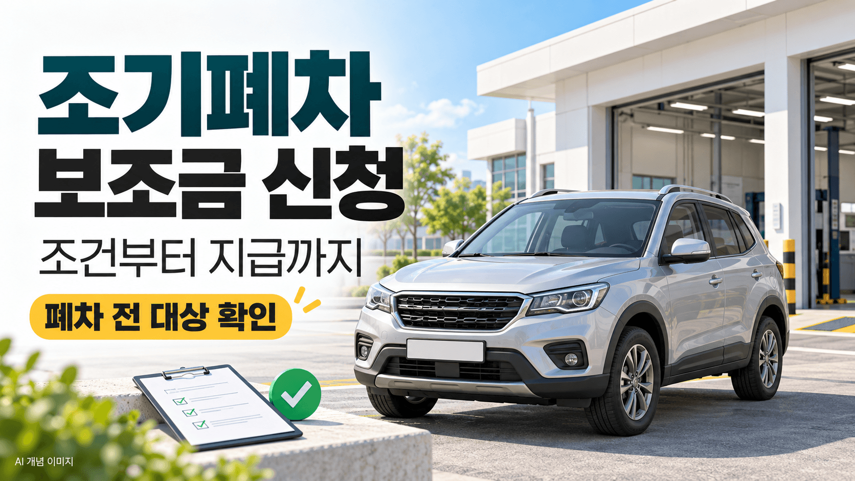 조기폐차 보조금 신청 제목과 차량 및 확인서류를 표현한 AI 생성 개념 일러스트