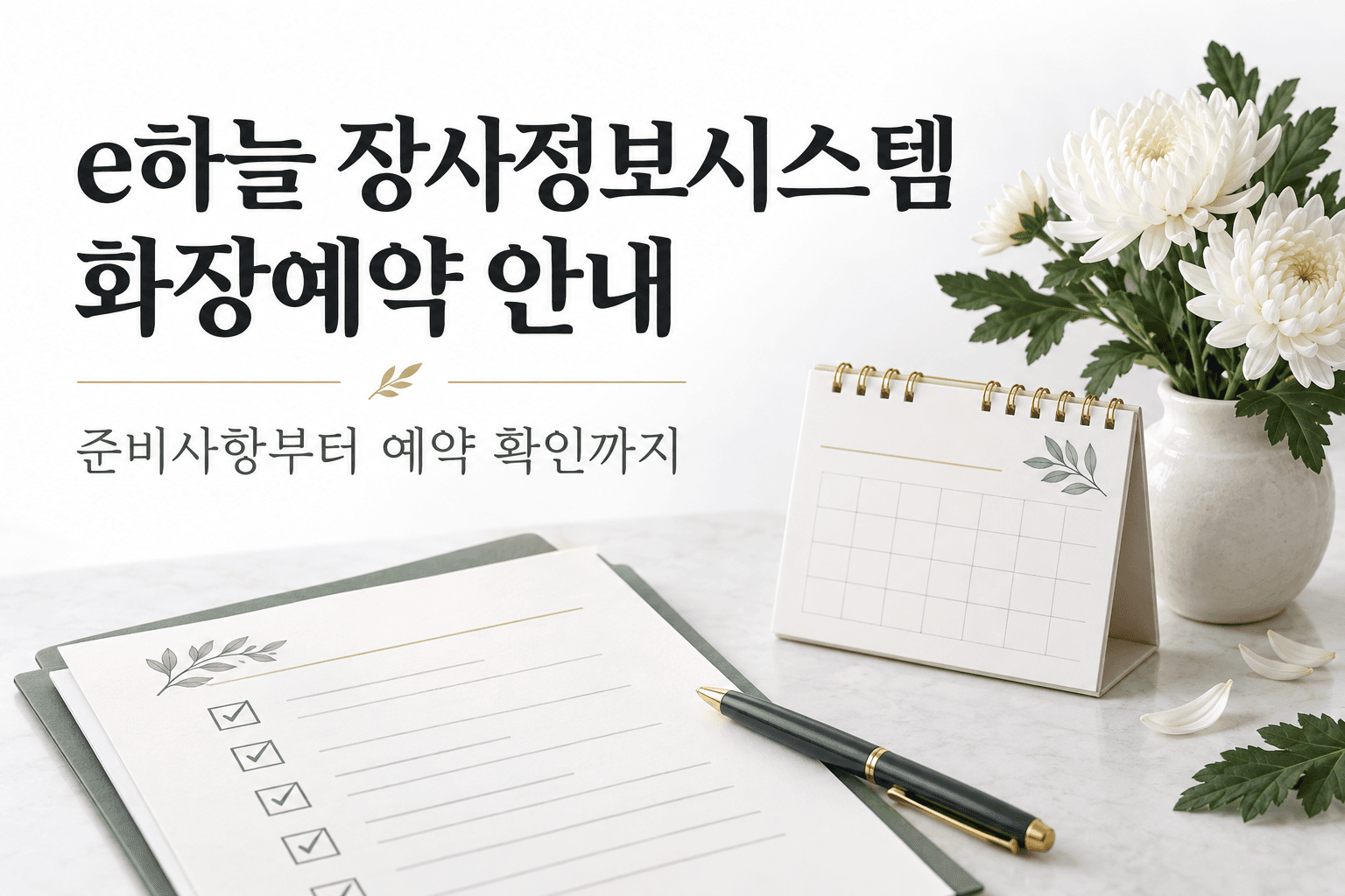 e하늘 장사정보시스템 화장예약 준비와 확인을 표현한 달력과 체크리스트 및 흰 국화의 AI 제작 개념 이미지이며 실제 시설이나 예약 화면이 아닙니다