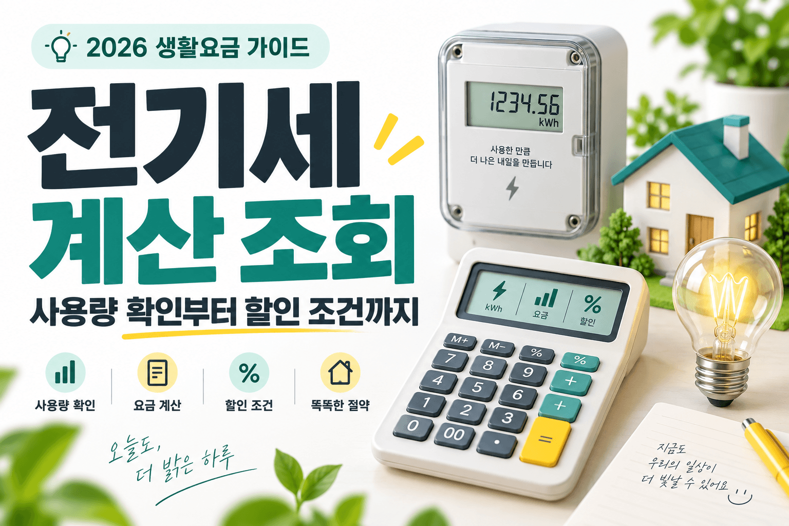 전기세 계산 조회와 할인 조건을 설명하는 계량기와 계산기 AI 생성 이미지로 실제 한전 서비스 화면이 아닙니다