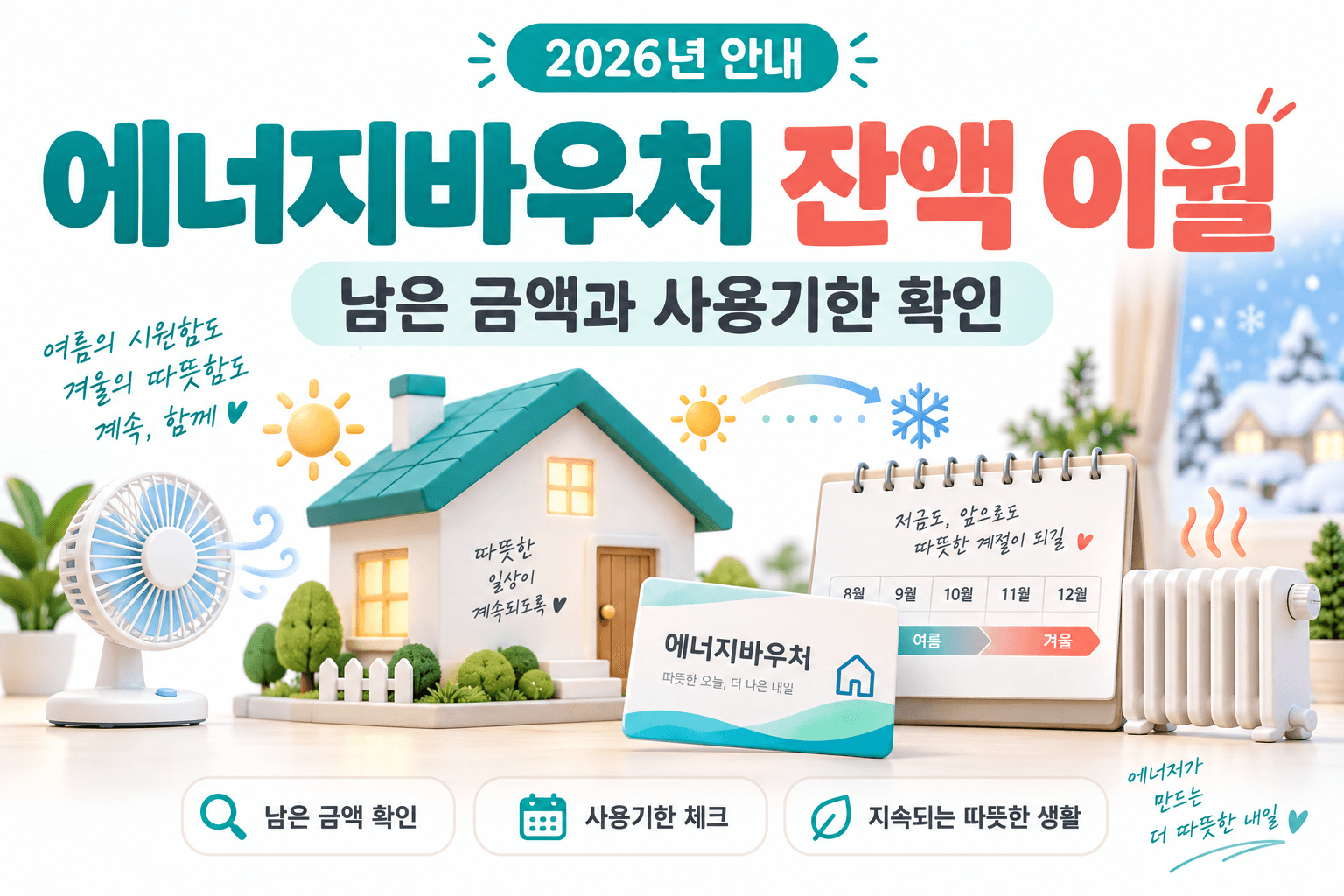 여름에서 겨울로 이어지는 에너지바우처 잔액 사용을 집과 달력으로 표현한 AI 생성 썸네일