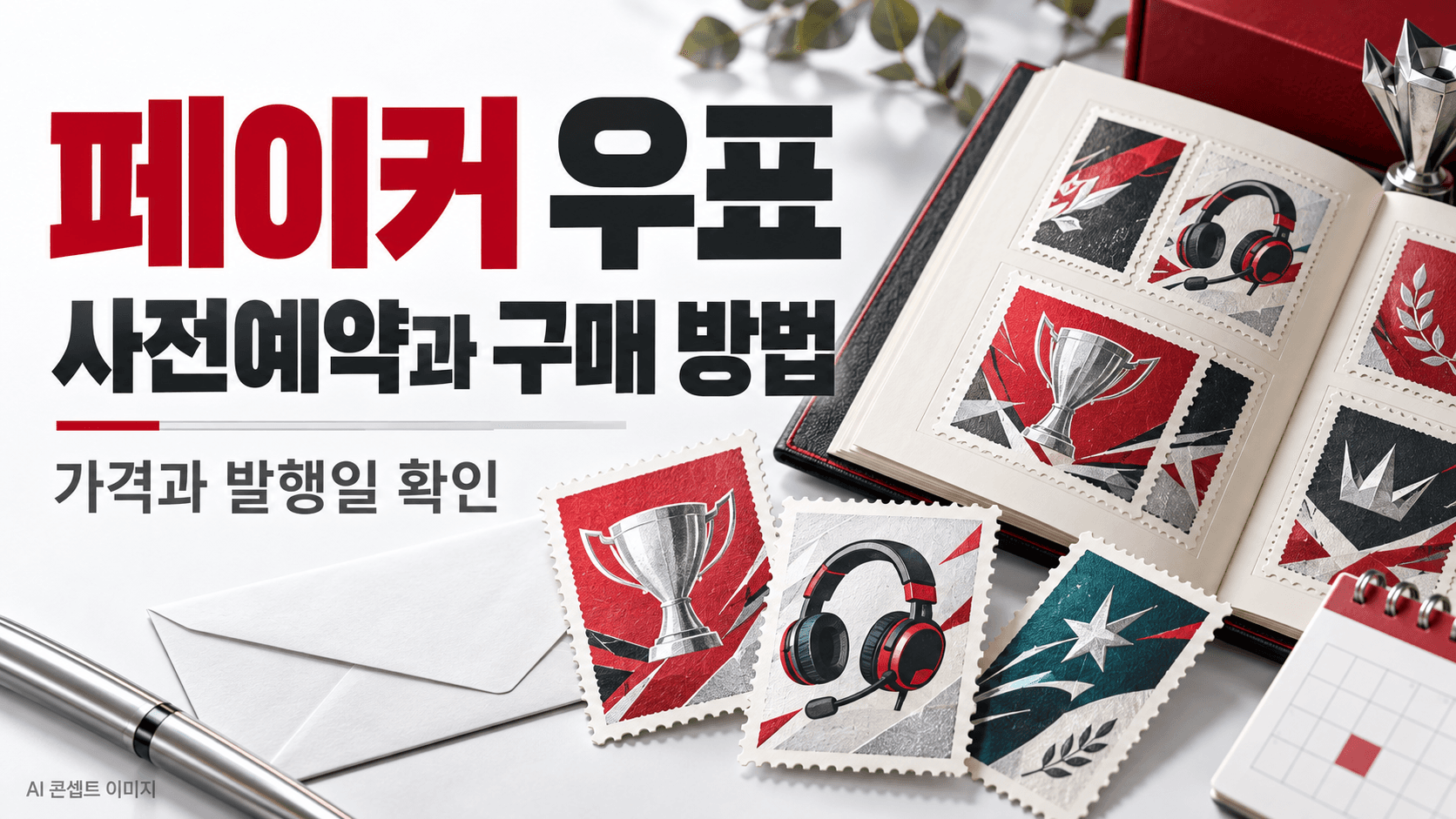 페이커 우표 사전예약과 구매 방법을 안내하는 AI 콘셉트 이미지로 실제 우표 도안이나 공식 판매 구성이 아닙니다