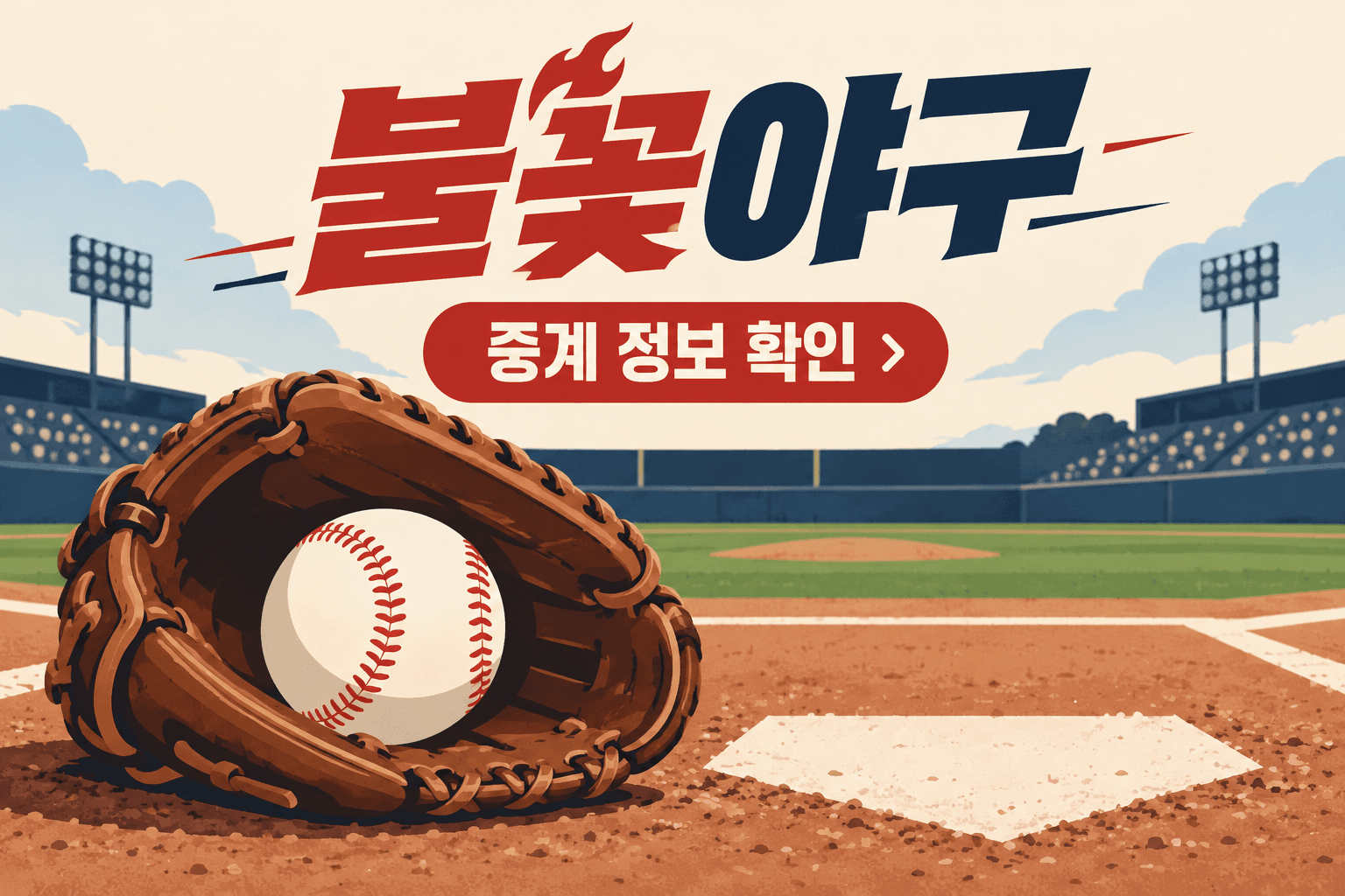 불꽃야구 중계 정보 확인 문구와 야구공·글러브를 그린 생성 일러스트