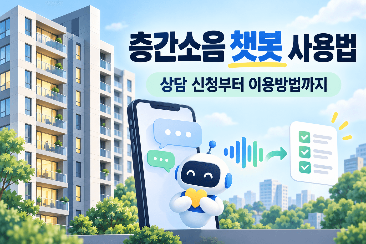 층간소음 챗봇 사용법 상담 신청부터 이용방법까지 안내하는 공동주택과 스마트폰 챗봇 일러스트