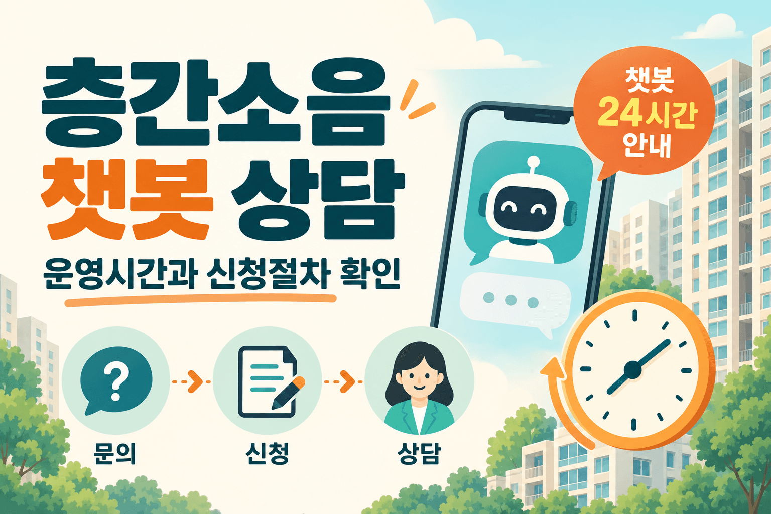 층간소음 챗봇 상담 운영시간과 신청절차를 설명하는 아파트와 시계 및 상담 단계 일러스트