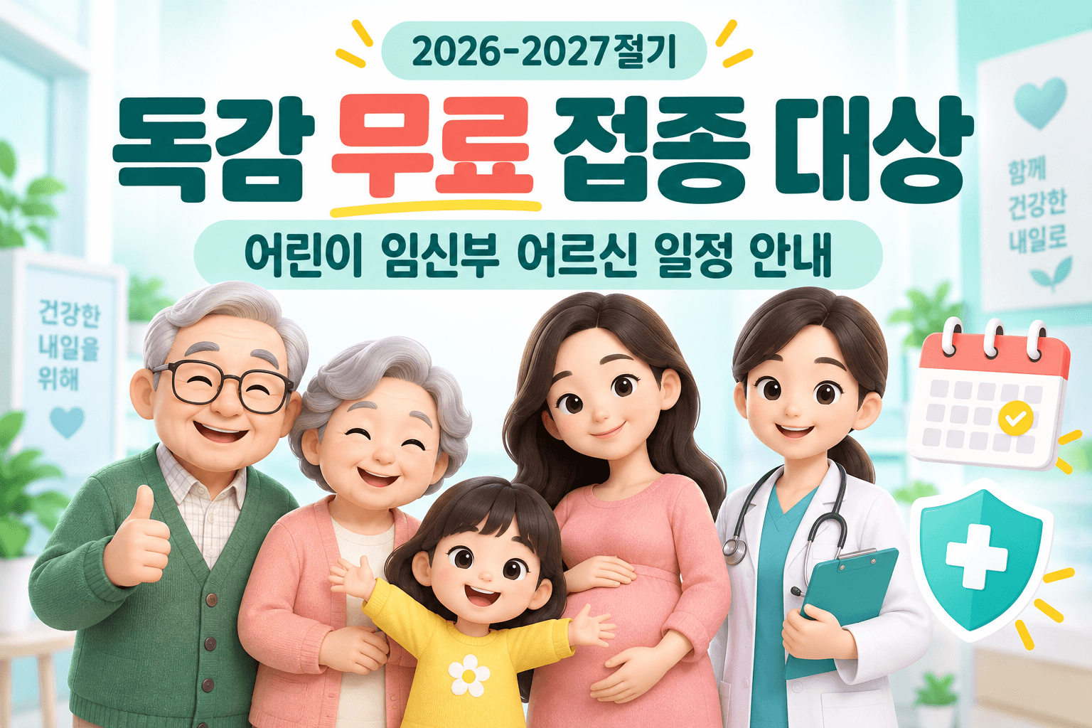 2026~2027절기 독감 무료 접종 대상인 어린이와 임신부 및 어르신을 표현한 AI 생성 일러스트