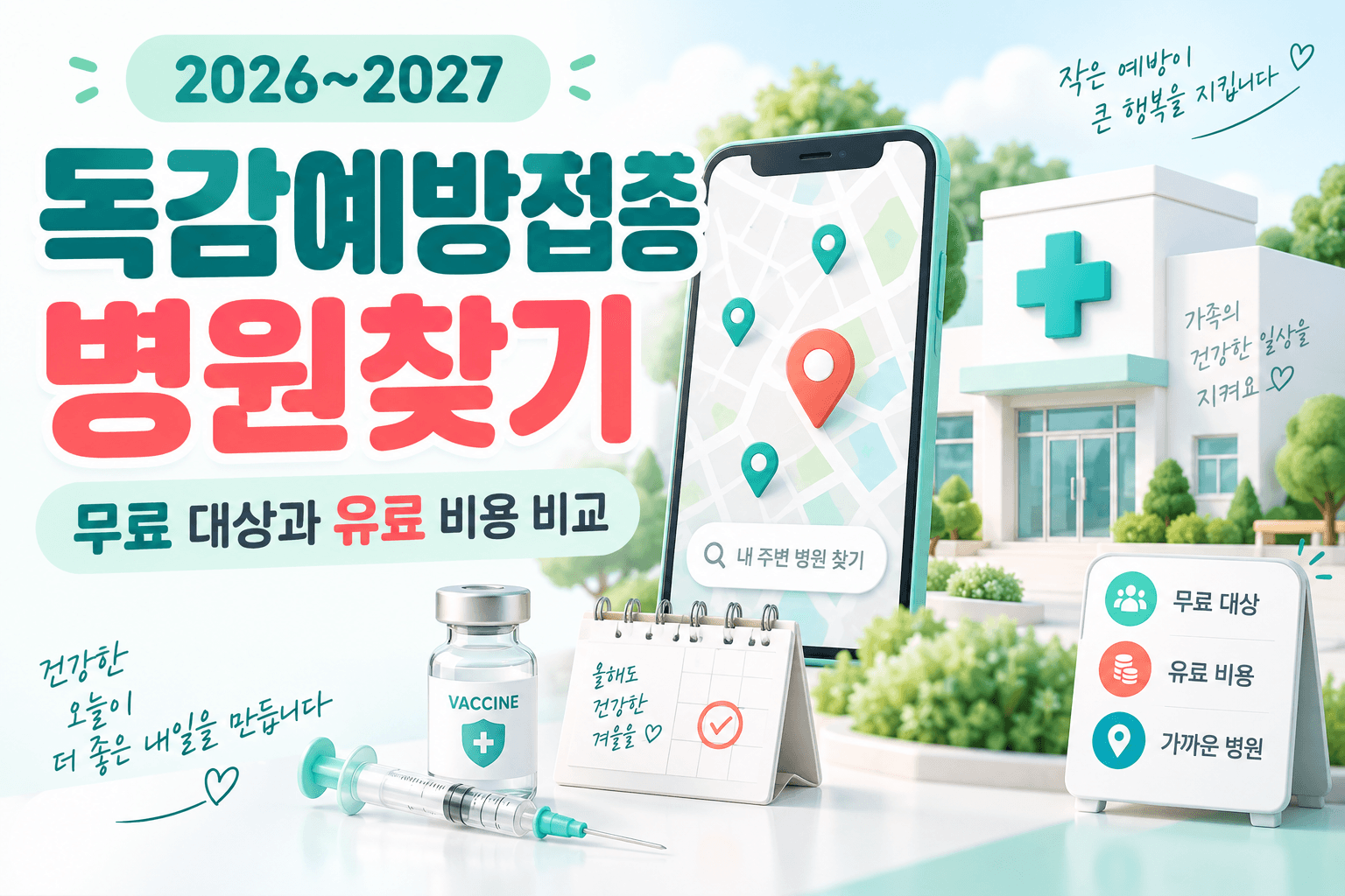 독감예방접종 병원찾기와 무료 대상 및 유료 비용 비교를 표현한 AI 생성 썸네일