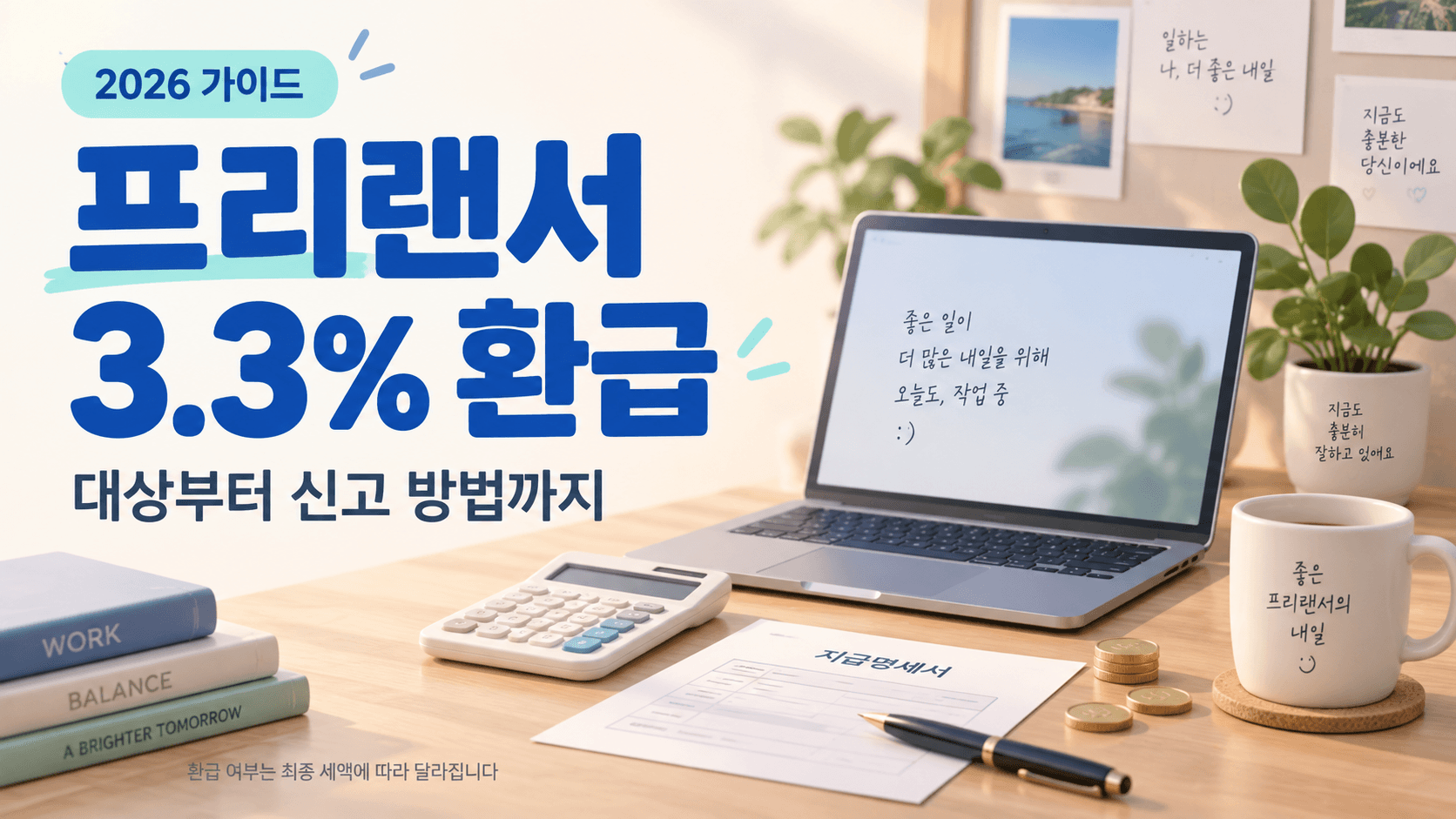 프리랜서 3.3% 환급, 대상부터 신고 방법까지 제목과 노트북·계산기·지급명세서를 담은 썸네일