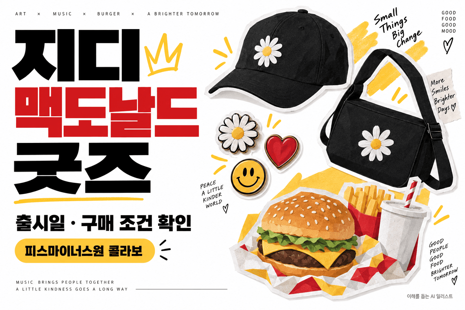 지디 맥도날드 굿즈 구매 안내를 위한 모자와 가방 및 핀의 AI 일러스트로 실제 제품 디자인과 다릅니다