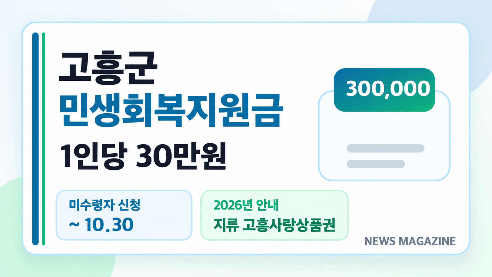 고흥군 민생회복지원금 1인당 30만원과 미수령자 10월 30일 신청 마감을 표시한 AI 일러스트