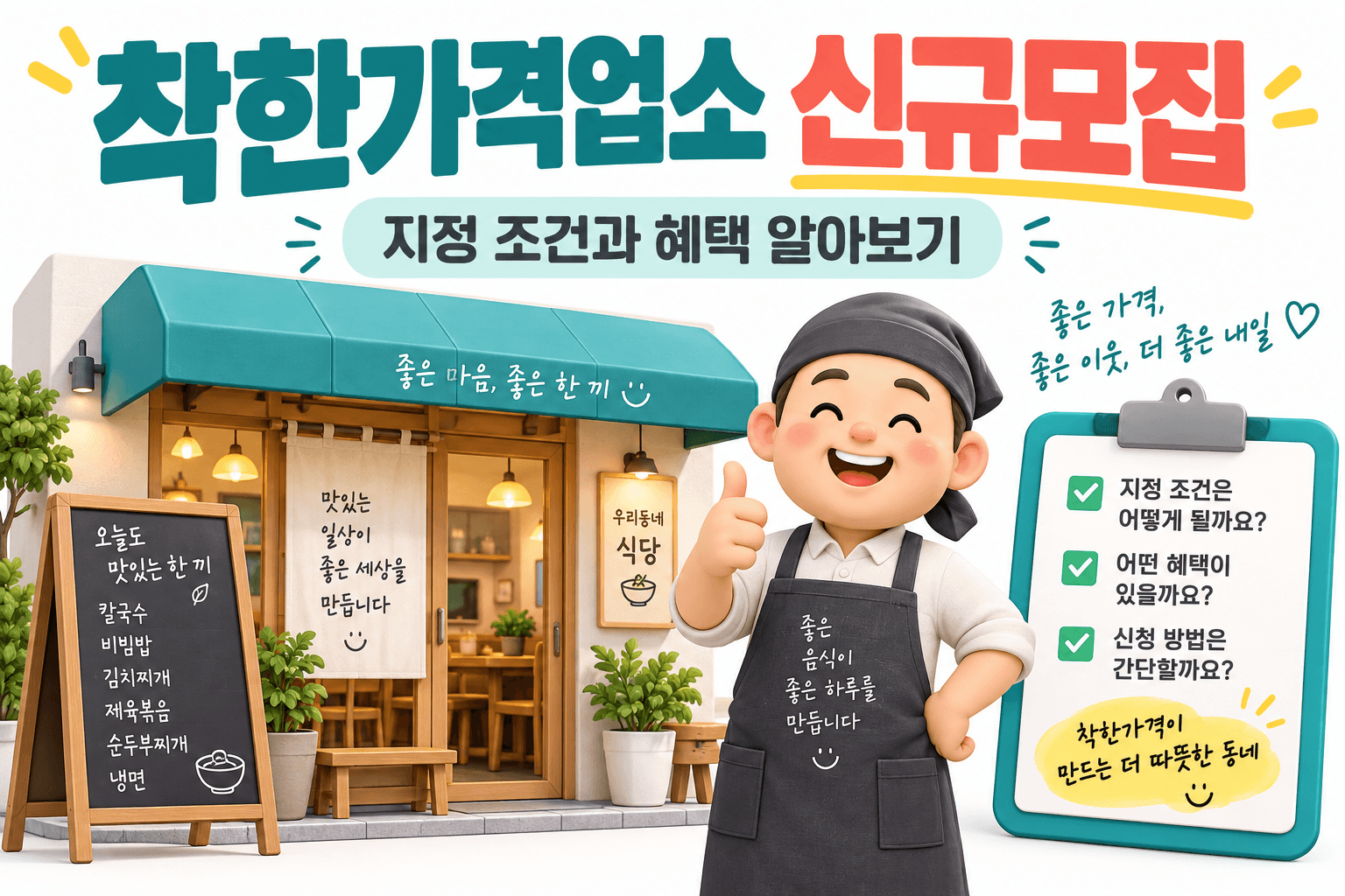 착한가격업소 신규모집 조건과 혜택을 설명하는 동네 식당과 업주 AI 생성 일러스트로 실제 지정 업소 사진이 아닙니다