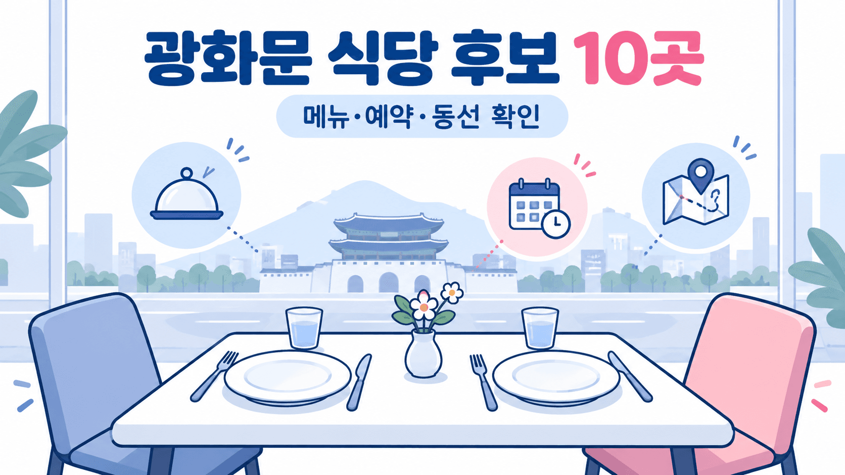 광화문 식당 후보 10곳과 메뉴·예약·동선 확인을 안내하는 AI 생성 설명 그림, 실제 식당 전망 아님