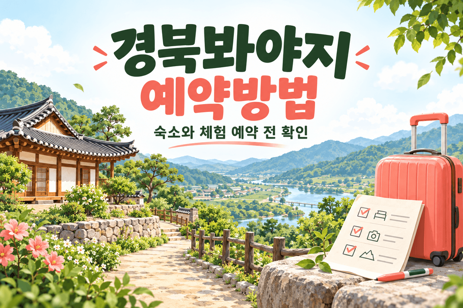 경북봐야지 예약방법과 숙소 체험 예약 전 확인을 표현한 한옥과 여행가방의 AI 제작 개념 이미지이며 실제 숙소나 예약 화면이 아닙니다