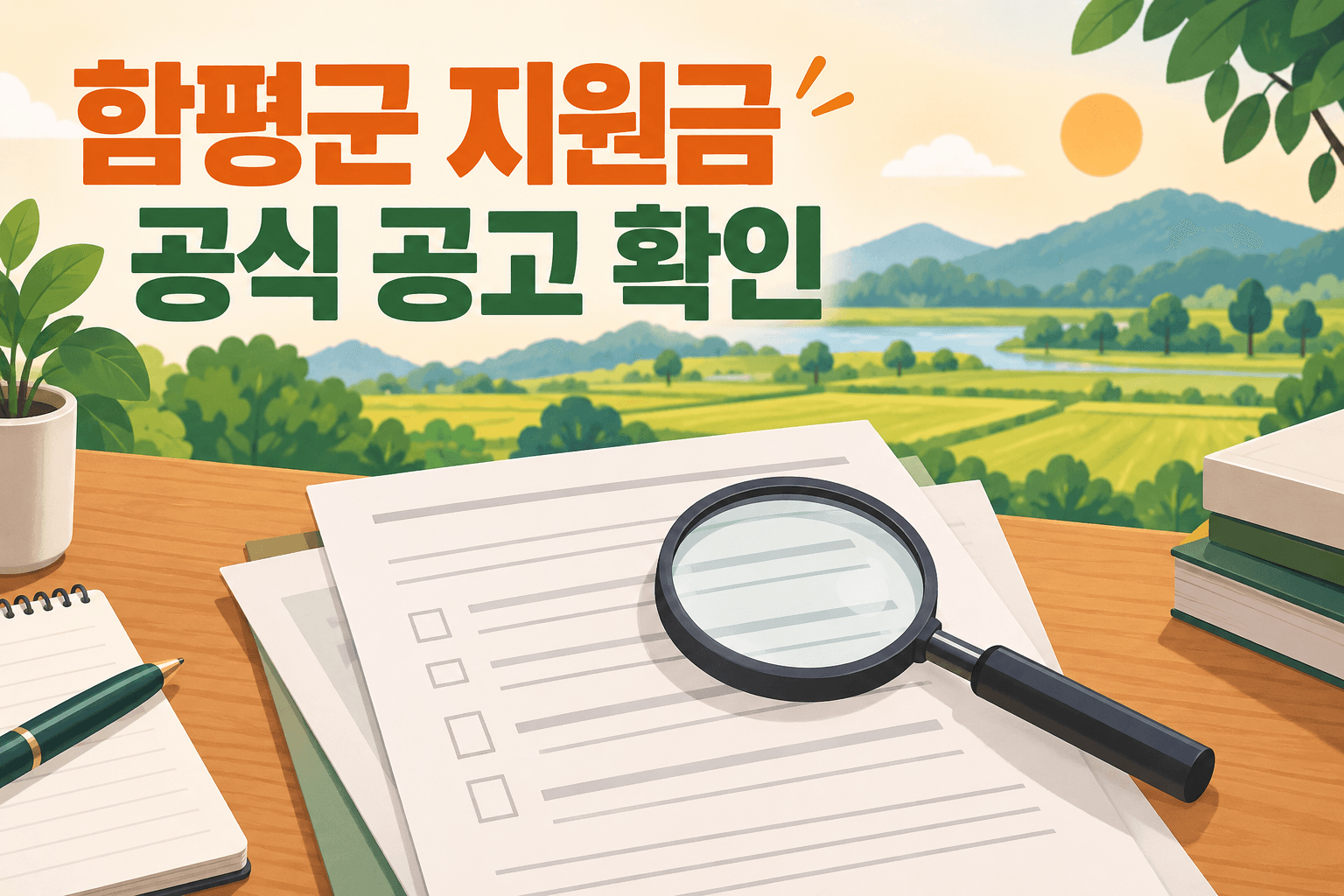 함평군 지원금 공식 공고 확인을 안내하는 AI 개념 삽화. 실제 신청서·장소나 지급 승인을 나타내지 않습니다.