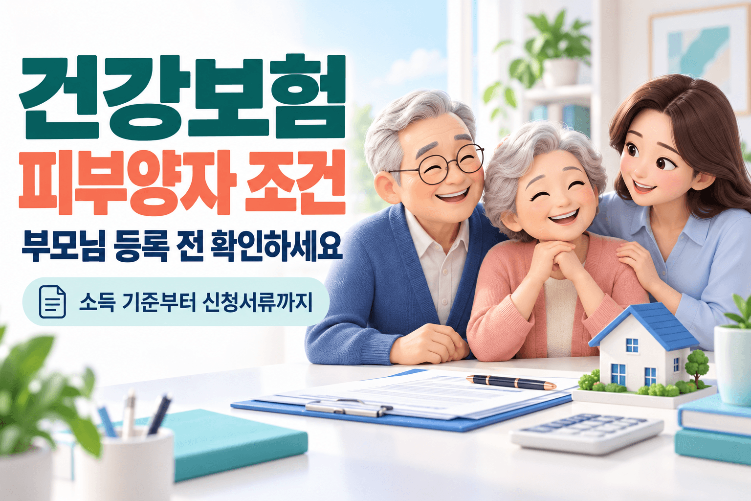 부모님 건강보험 피부양자 조건과 신청서류 확인을 가족과 주택 모형으로 표현한 AI 생성 썸네일