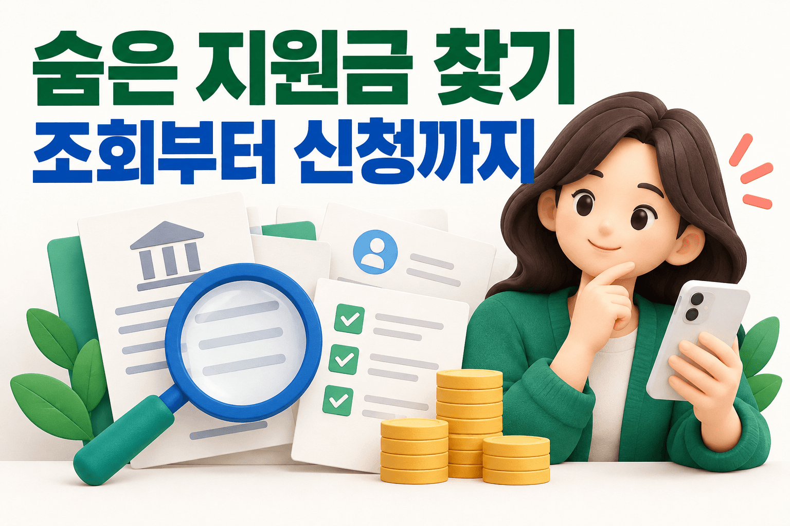 스마트폰과 돋보기 및 서류로 지원금 조회부터 신청까지의 과정을 표현한 AI 제작 개념 이미지이며 실제 정부 앱 화면이 아닙니다