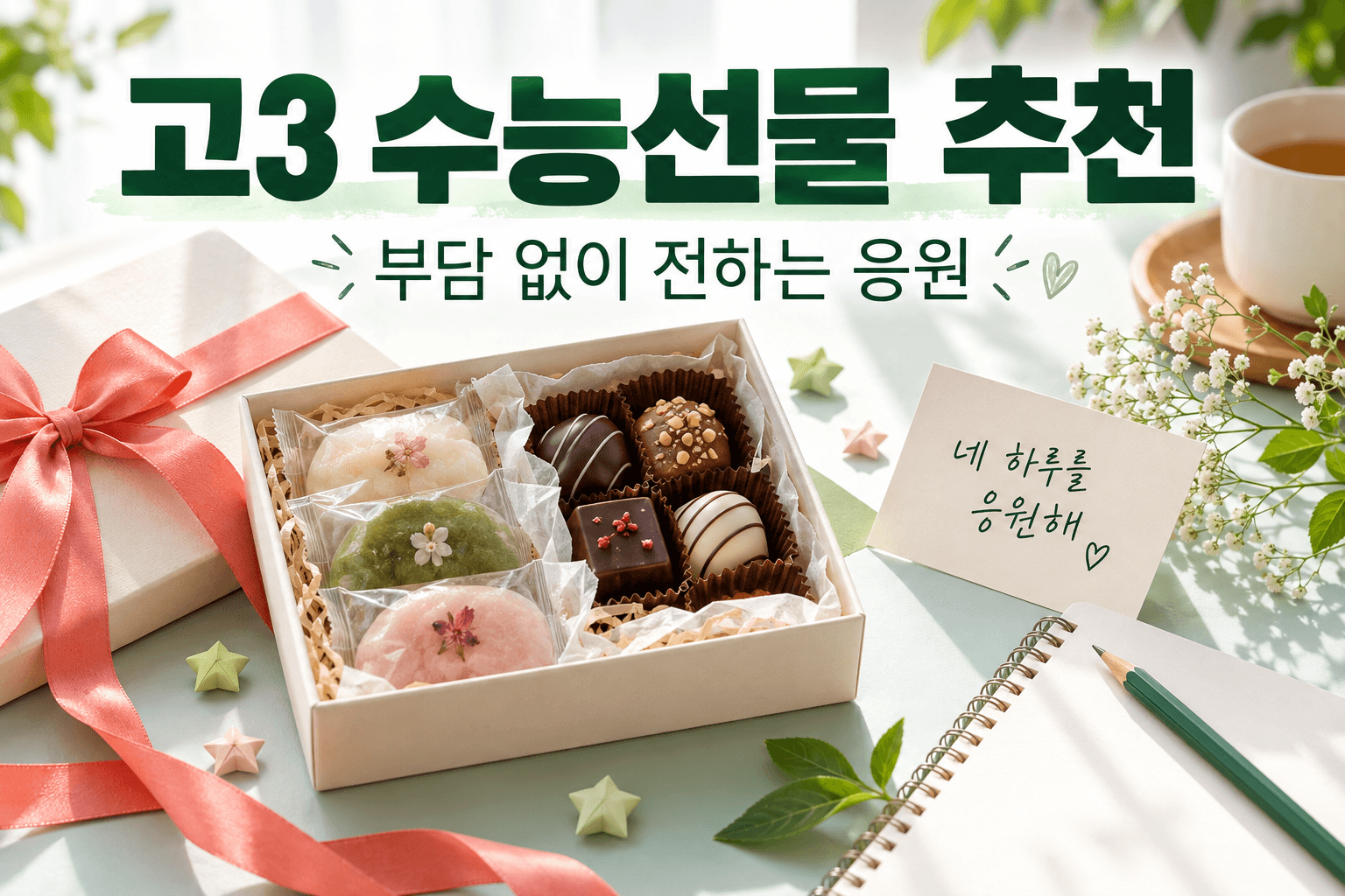 찹쌀떡과 초콜릿 선물상자 및 응원 카드로 고3 수능선물을 표현한 AI 제작 개념 이미지이며 실제 브랜드 제품 사진이 아닙니다